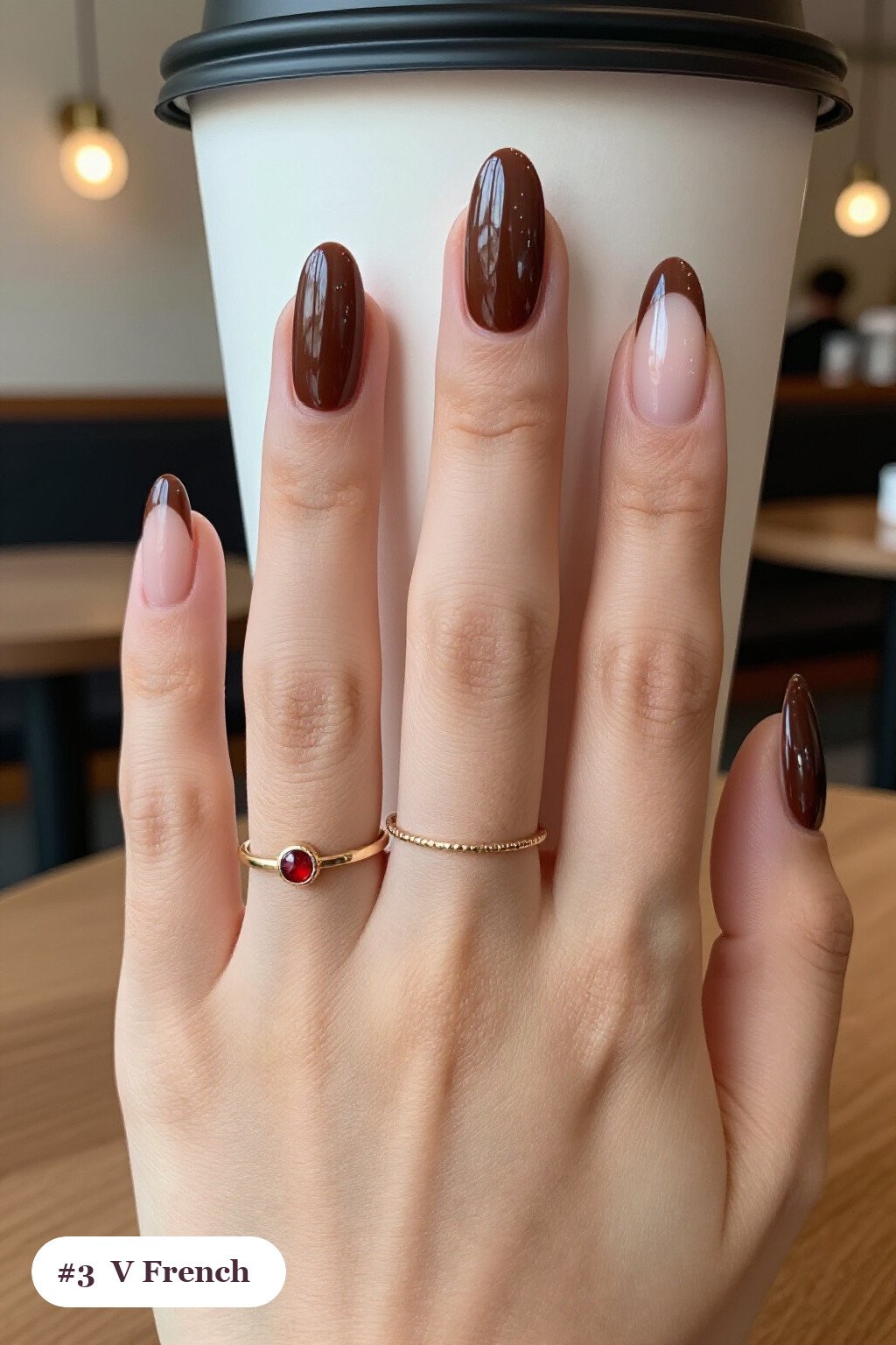 Long Ballerina Chocolate Brown Nails with Deep V‑French Tips - fall nails ideas autumn