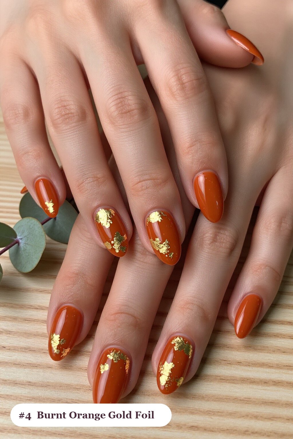 Medium Almond Burnt Orange Nails Covered in Gold Foil and Leaf - fall nails ideas autumn