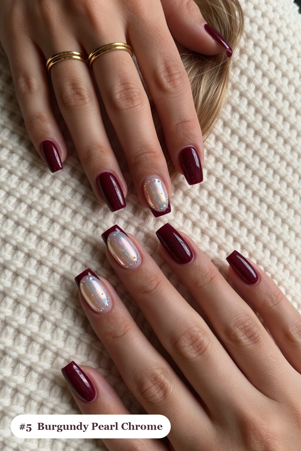 Long Square Burgundy Nails with Iridescent Glazed Pearl Chrome - fall nails ideas autumn