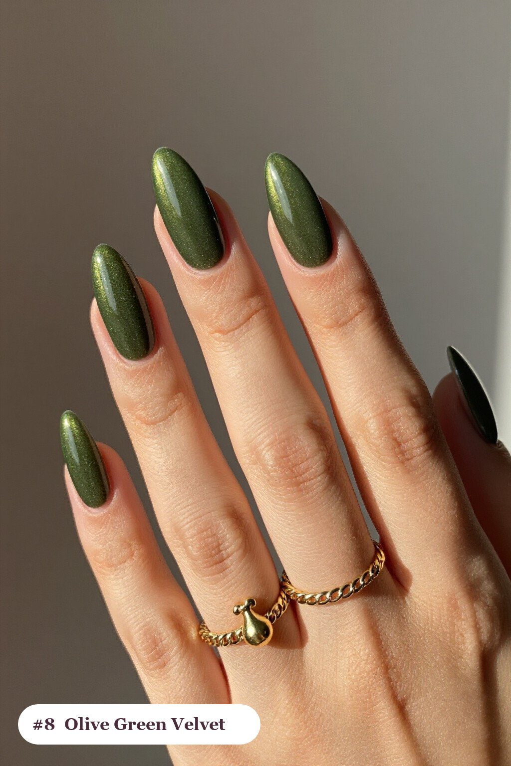 Long Almond Olive Green Velvet Shimmer Nails with Gold Charm Accent - fall nails ideas autumn