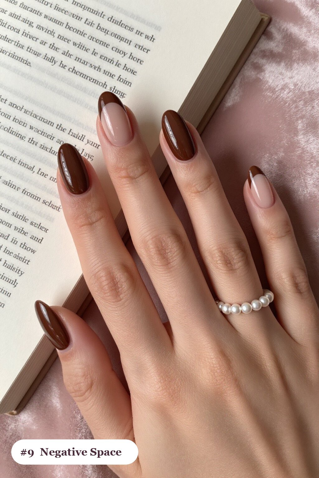 Medium Oval Chocolate Brown Negative‑Space Nails with Nude Windows - fall nails ideas autumn