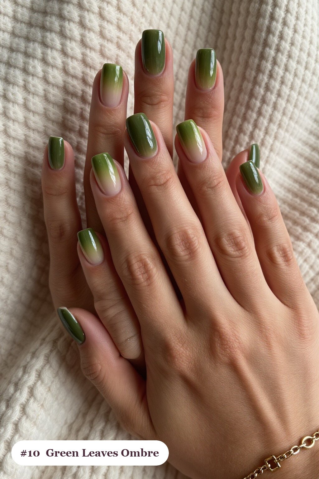 Olive Green Medium Square Nails Featuring a Two‑Tone Ombre Leaf Melt - fall nails leaves