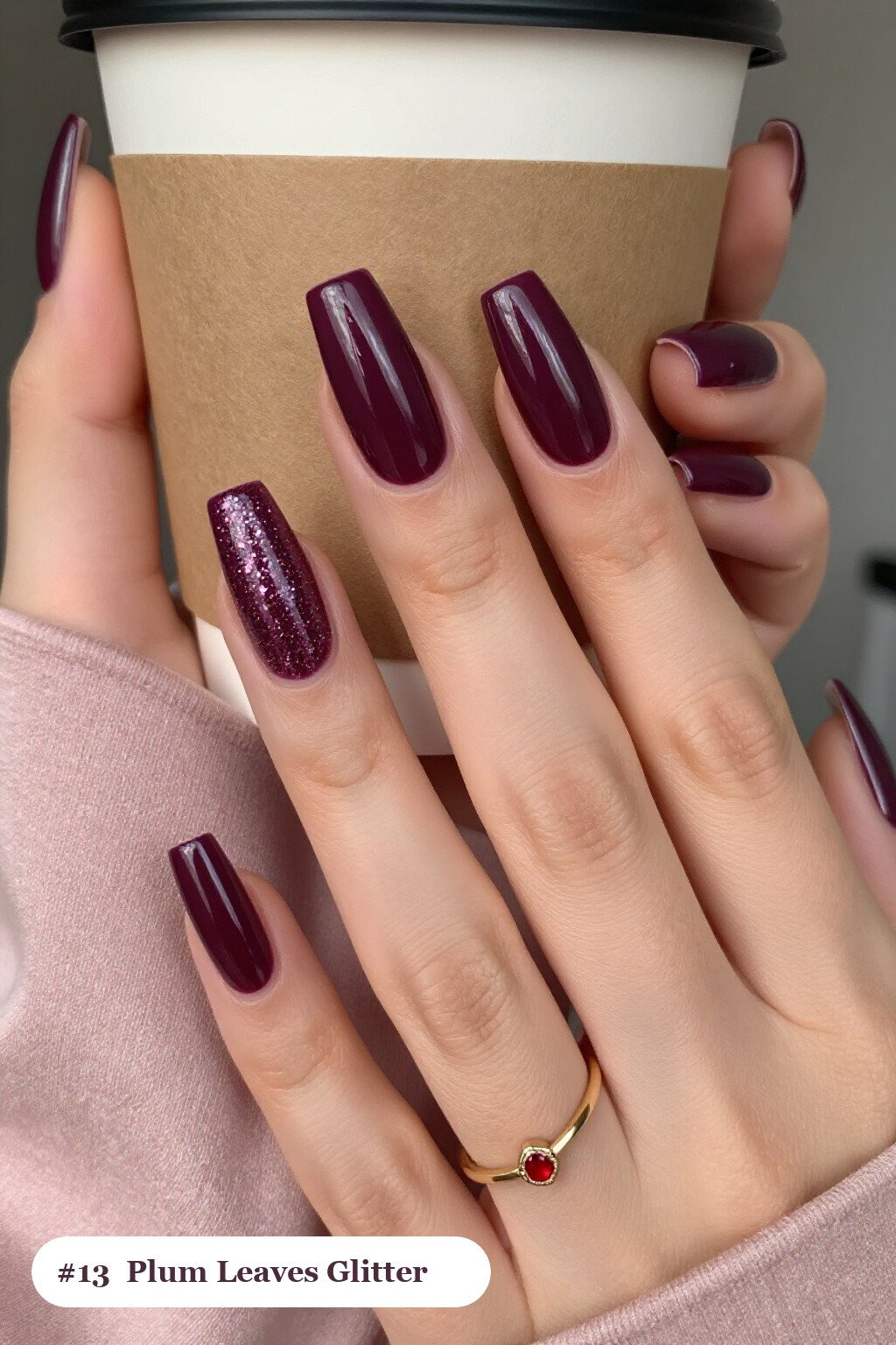Deep Plum Long Square Nails with Sparkling Glitter Gradient Rising from Cuticle - fall nails leaves