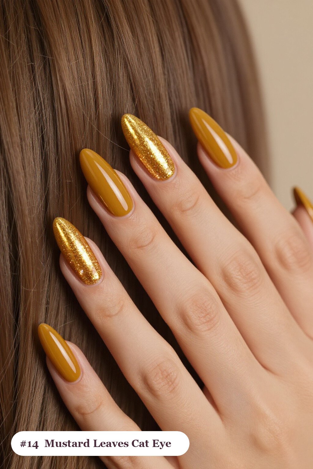 Mustard Long Ballerina Nails with a Glowing Shimmer Band Like a Gemstone - fall nails leaves