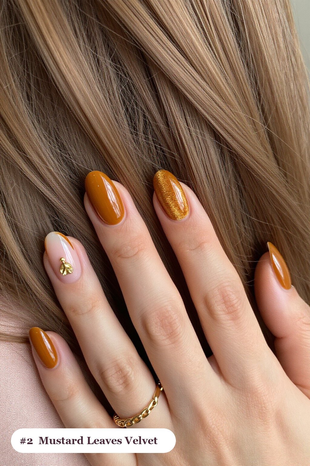 Mustard Oval Nails with Velvet Shimmer Leaves and a Gold Charm Accent - fall nails leaves