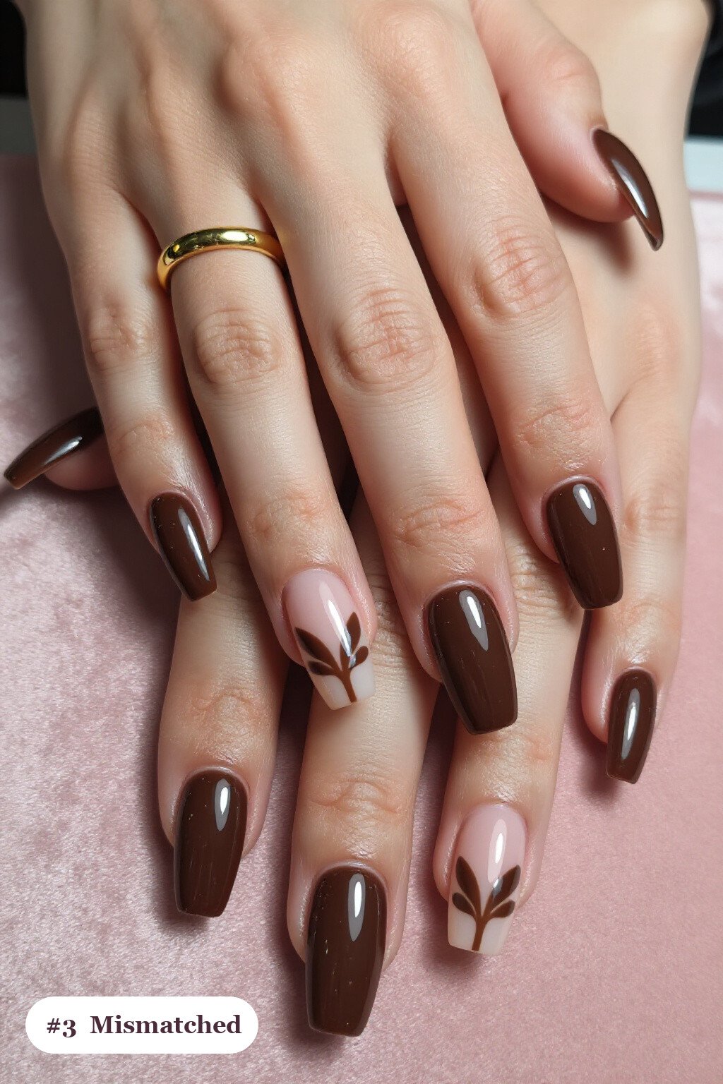 Fall Nails Leaves: Chocolate Brown Square Set with Mismatched Leaf Patterns - fall nails leaves