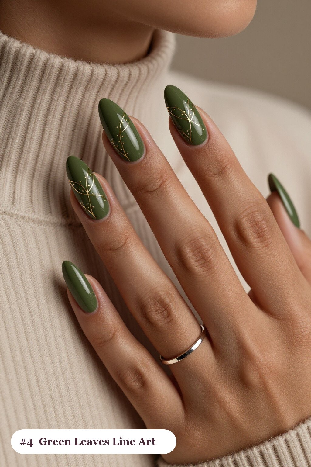 Olive Green Ballerina Nails Featuring Fine Gold Line‑Art Leaves - fall nails leaves