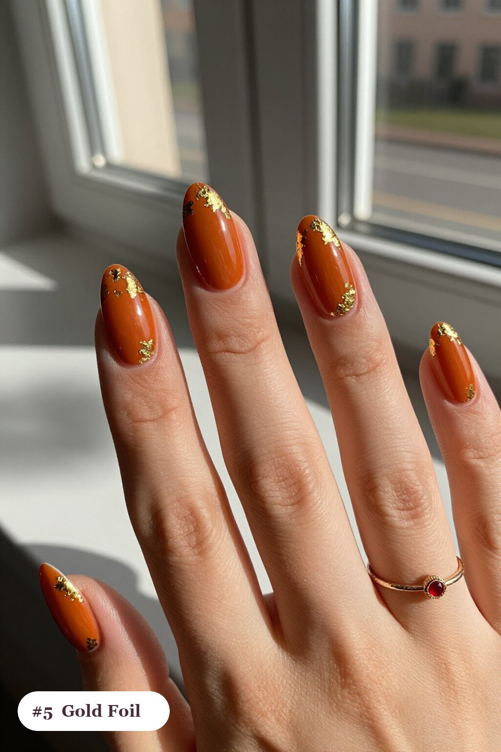 Burnt Orange Almond Nails with Gold Foil Leaf Details: Best Shades for Every Season - fall nails leaves