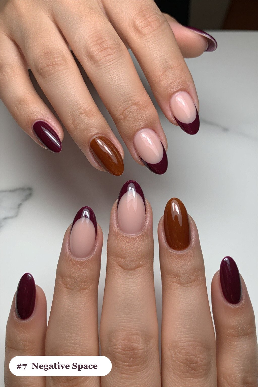 Deep Plum Almond Nails in Negative‑Space Leaf Design with Sheer Nude Windows - fall nails leaves