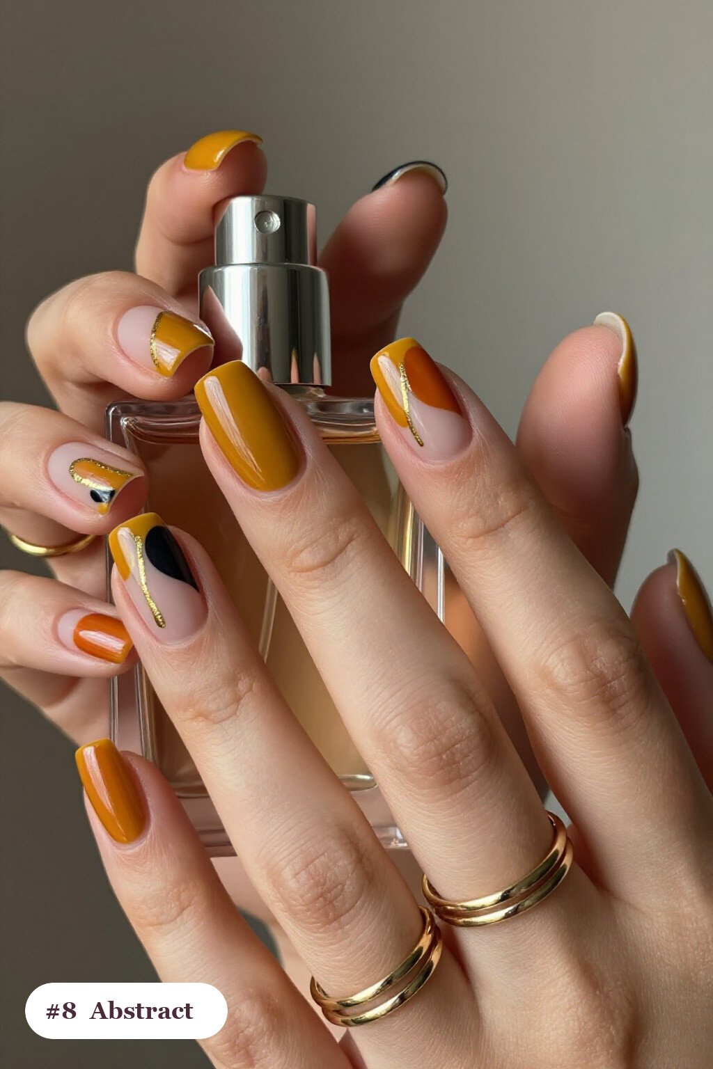 Mustard Short Square Nails Show Abstract Leaf Blobs, Gold Outlines & Dots: On Short Nails - fall nails leaves