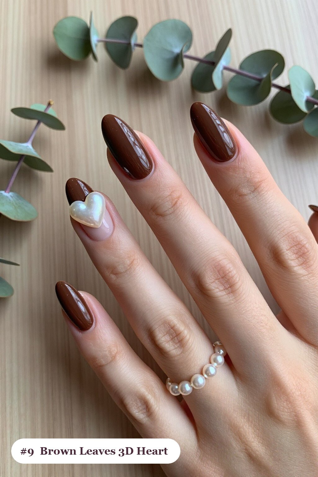 Chocolate Brown Long Coffin Nails with 3D Gel Hearts & Pearls: How to Make It Last Longer - fall nails leaves