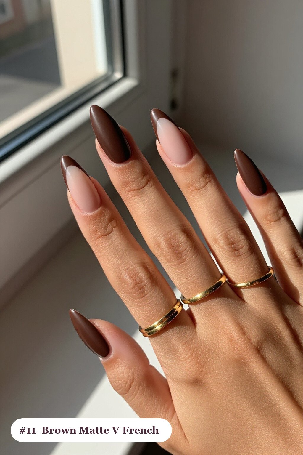 Long Stiletto Chocolate Brown Matte Nails with Bold V‑Shaped French Tips - fall nails matte