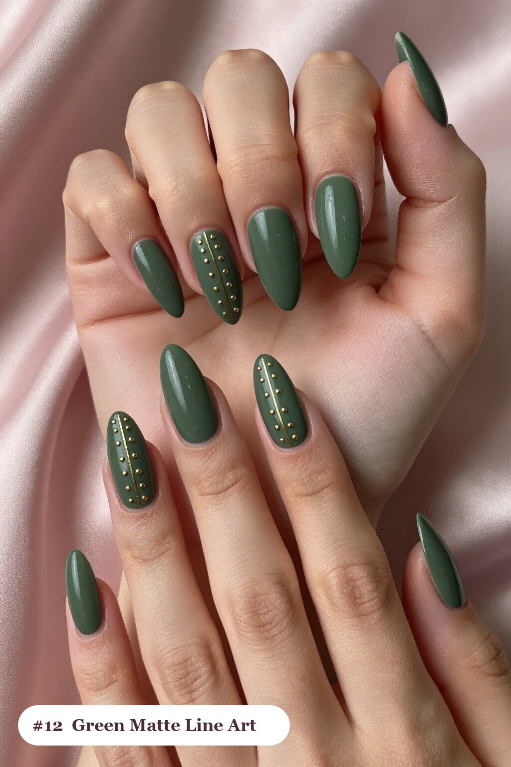 Long Almond Olive Green Matte Nails Detailed with Fine Gold Line Art and Tiny Dots - fall nails matte