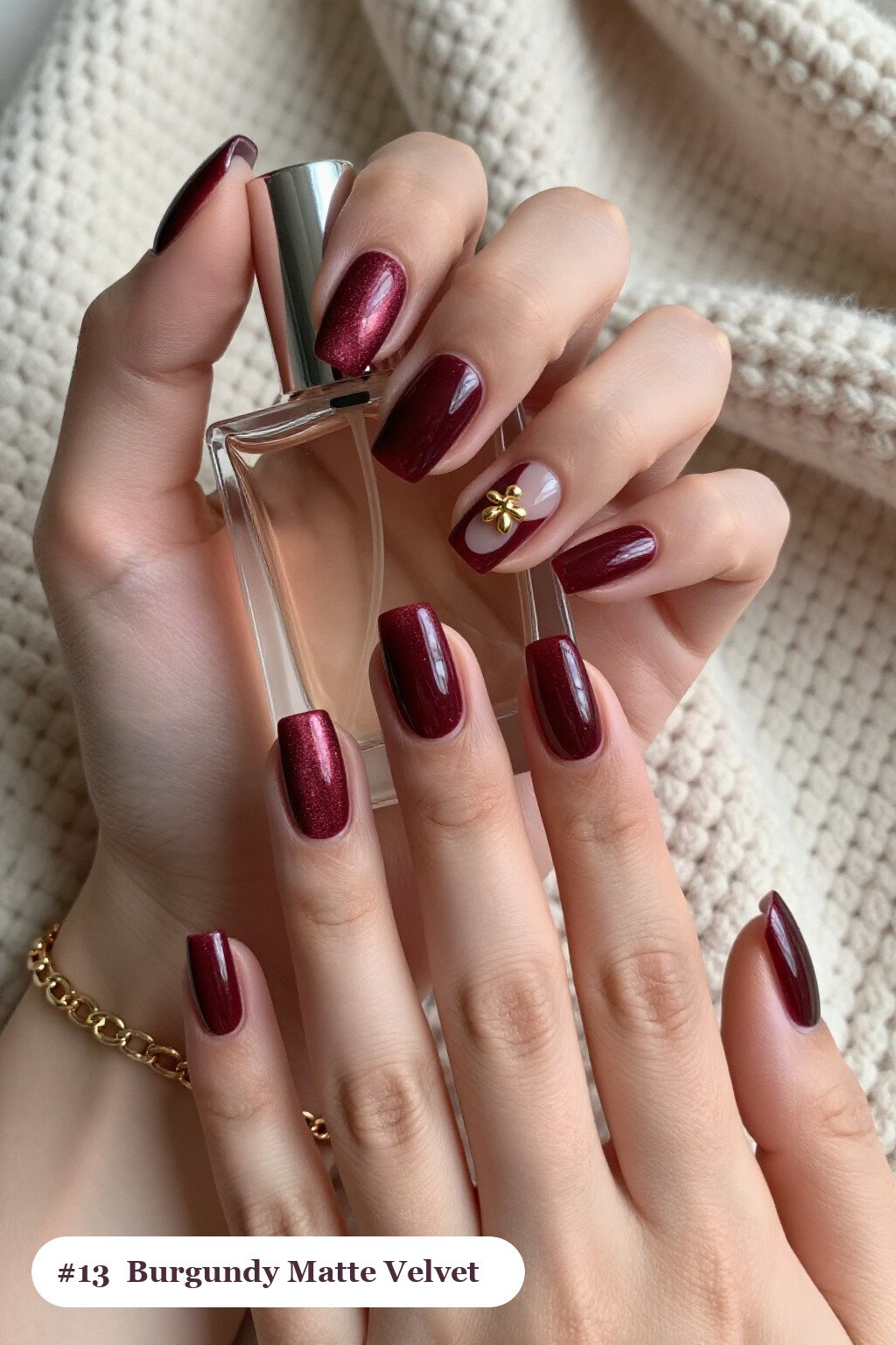 Medium Coffin Burgundy Matte Nails in Velvet Shimmer with Glossy Accent Nail and Gold Charm - fall nails matte