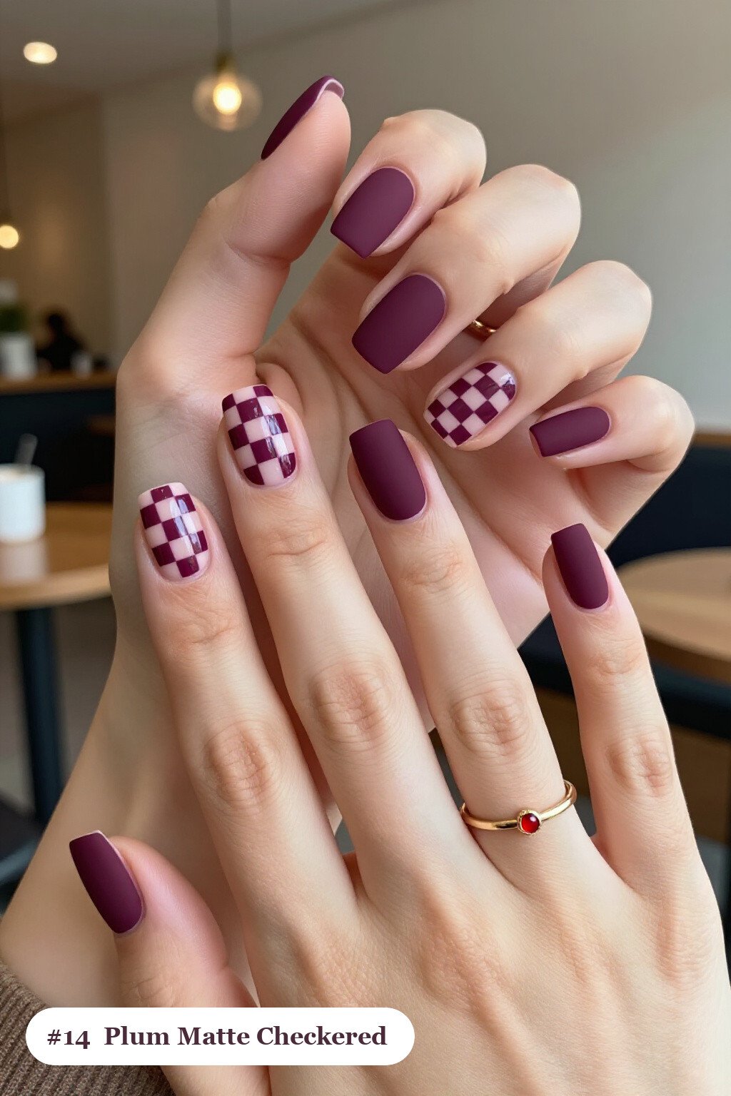 Short Square Deep Plum Matte Nails with Bold Checkerboard Accent: On Short Nails - fall nails matte