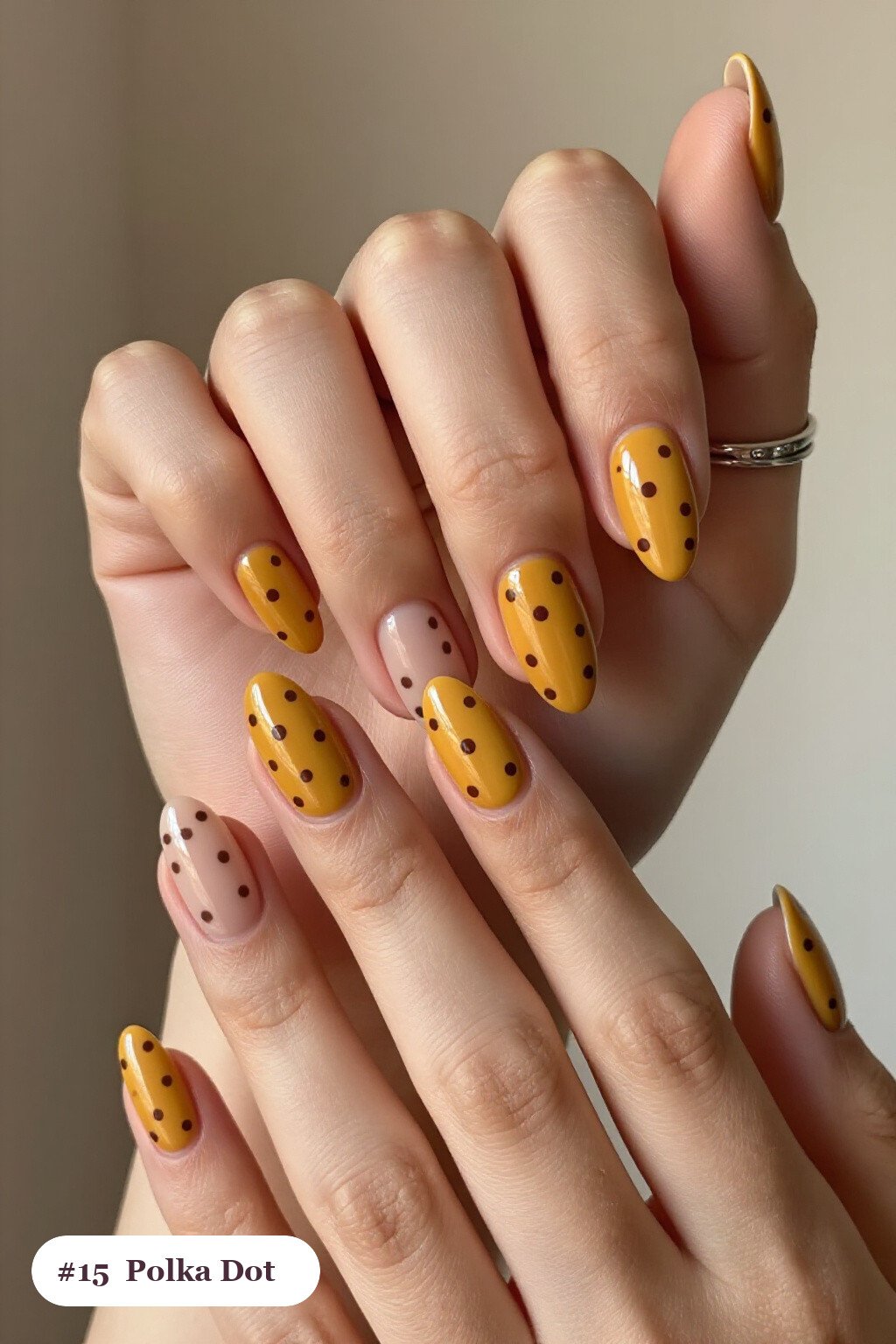 Medium Almond Mustard Matte Nails Playful Polka Dots in Two Colors on Alternating Nails - fall nails matte