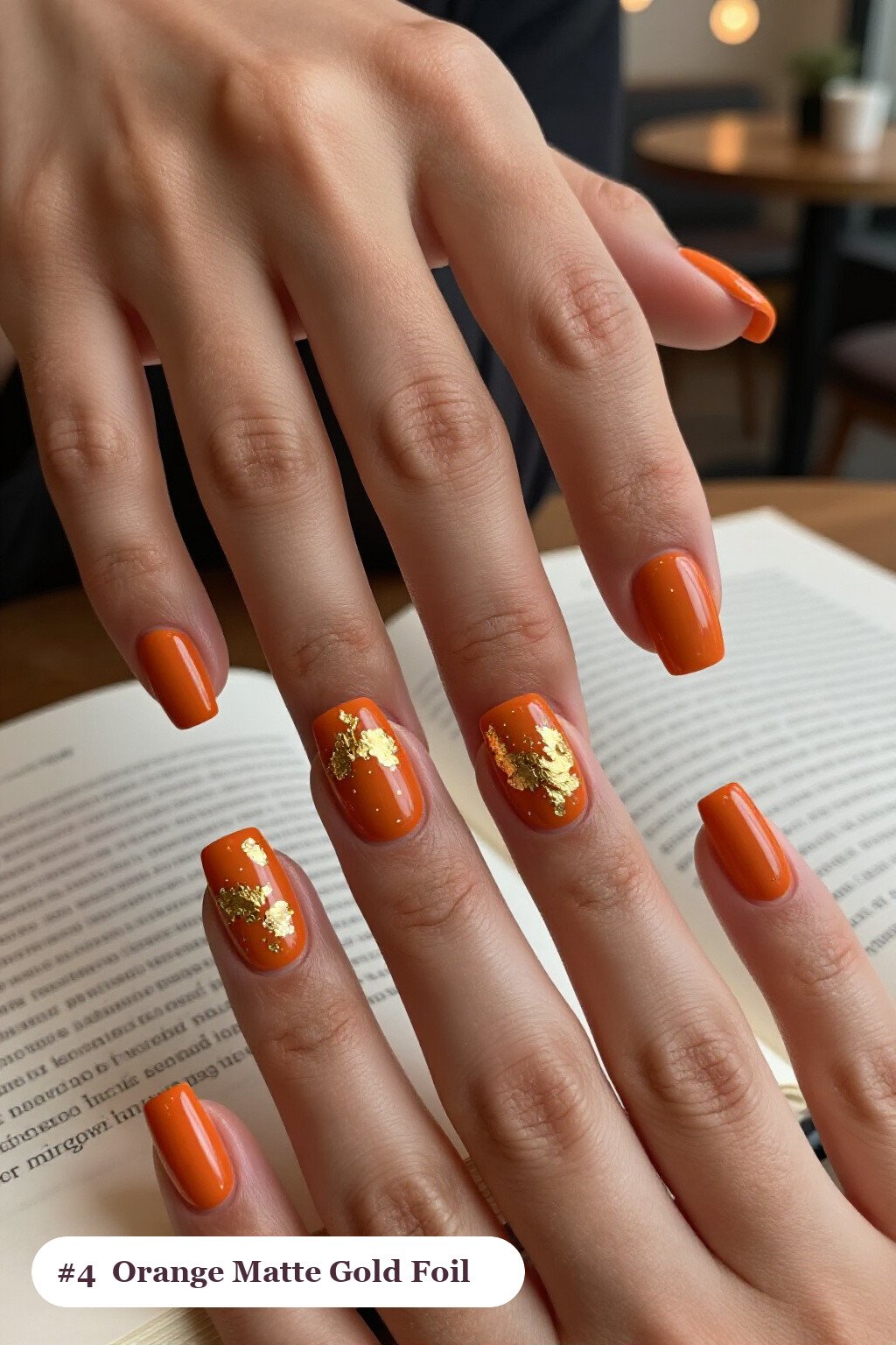 Short Square Burnt Orange Matte Nails Covered in Gold Foil Flakes: Fall Nails Matte Glam - fall nails matte