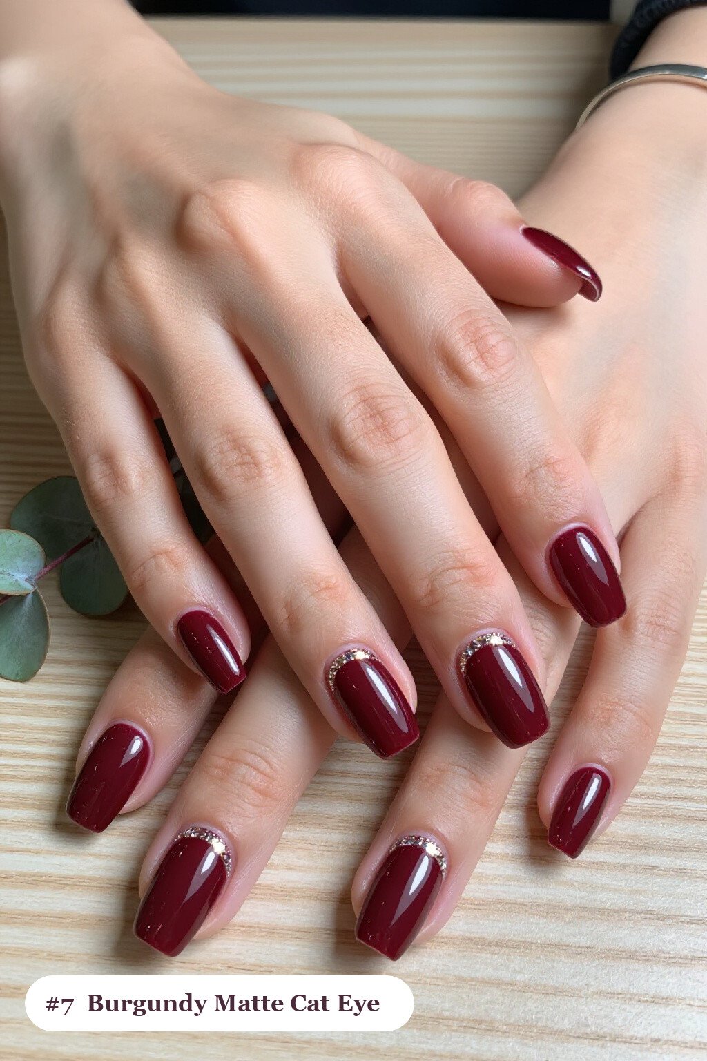 Medium Square Burgundy Matte Nails with a Gemstone‑Like Shimmer Band Down the Center - fall nails matte