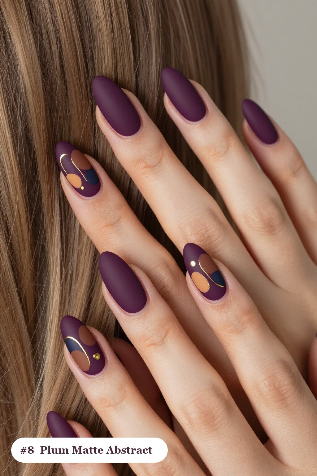 Long Ballerina Deep Plum Matte Nails Showcasing Abstract Color Blobs, Gold Outlines, and Dots - fall nails matte
