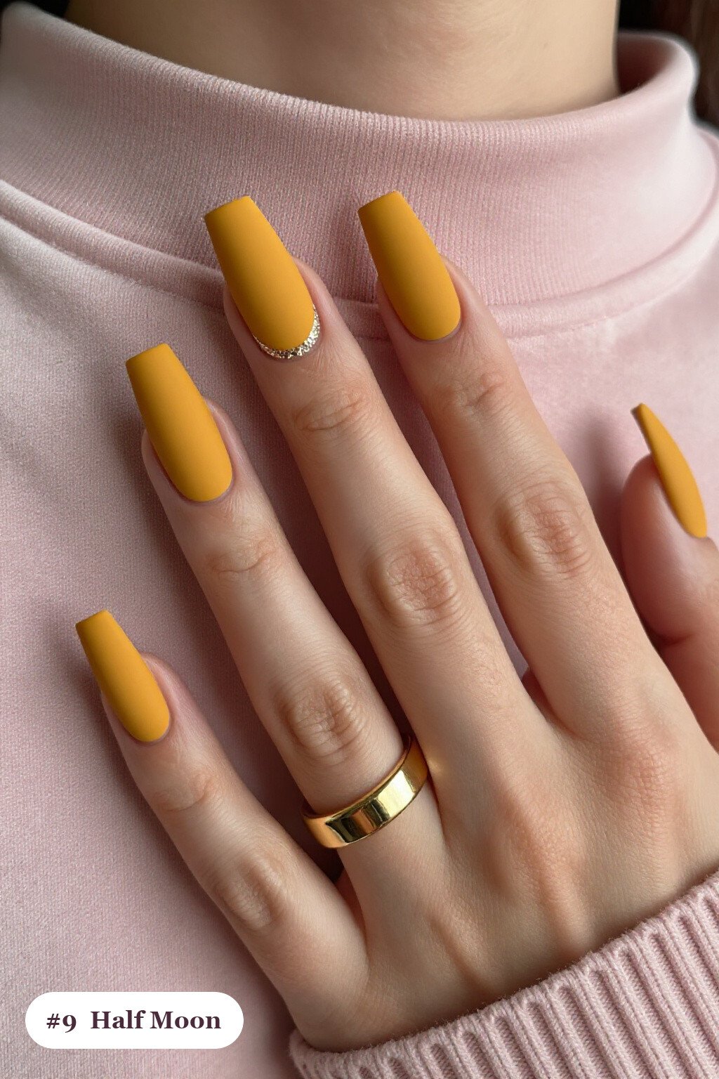 Long Square Mustard Matte Nails Featuring a Half‑Moon Design with Glitter Crescent - fall nails matte