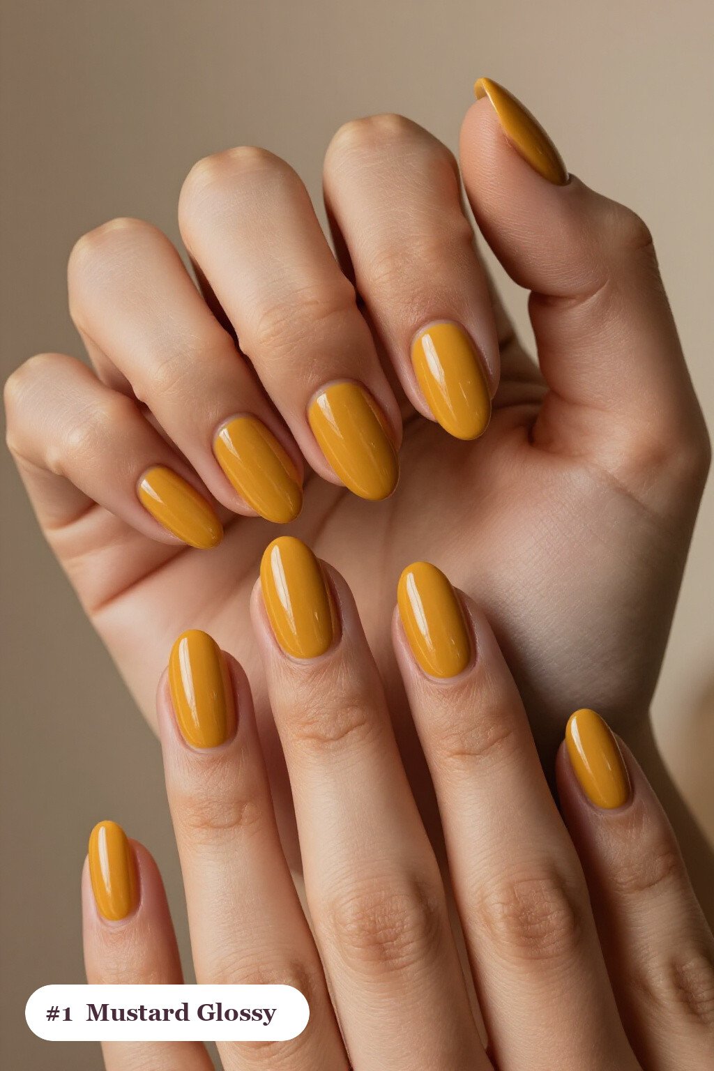 Short almond mustard nails in a flawless mirror-glossy full-colour finish, perfect for fall - fall nails short