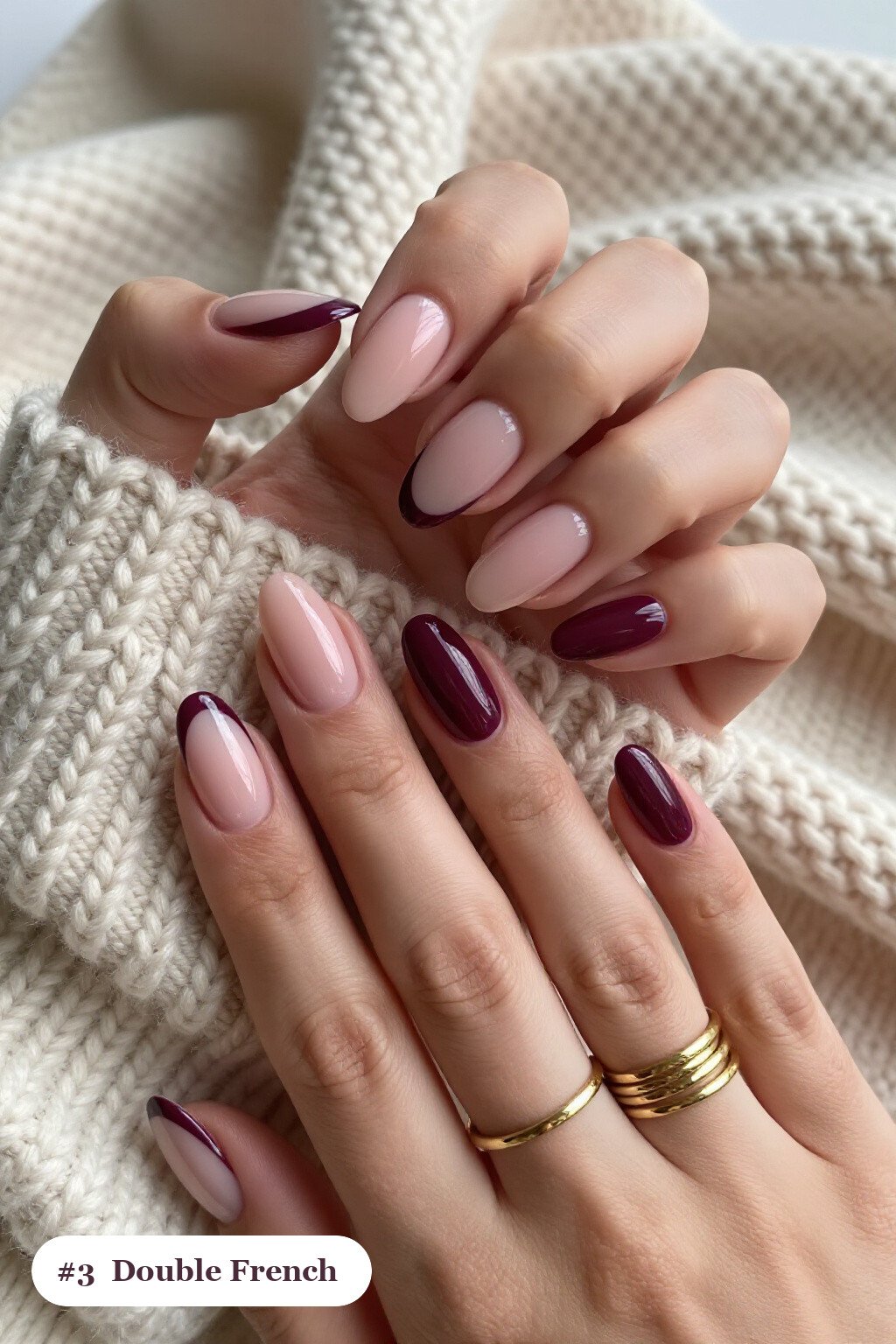 Short almond deep plum nails with double-line french tips in two colours, perfect for fall - fall nails short