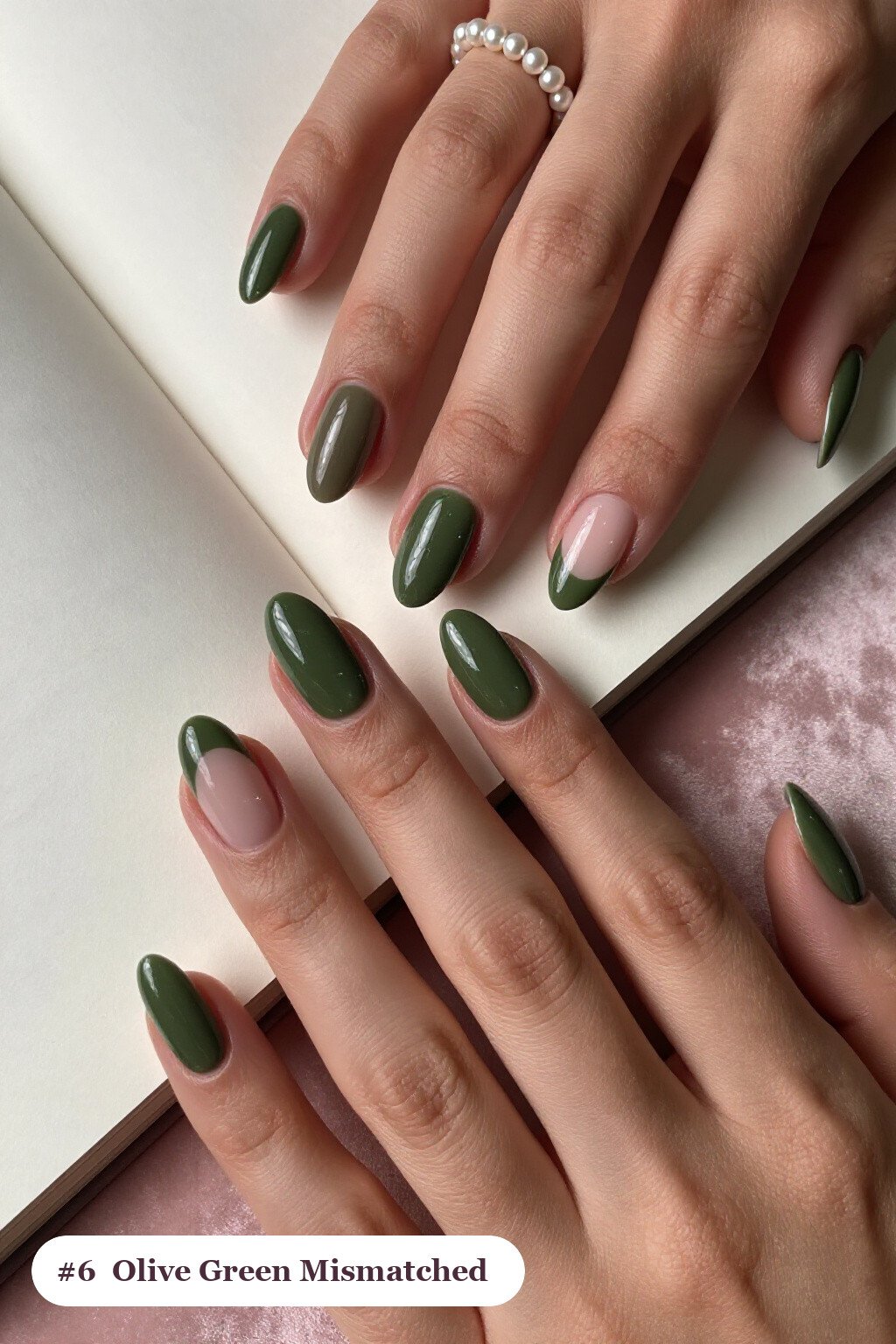 Short almond olive green nails as a mismatched set where every nail has a different pattern in the same colour story, perfect for fall - fall nails short