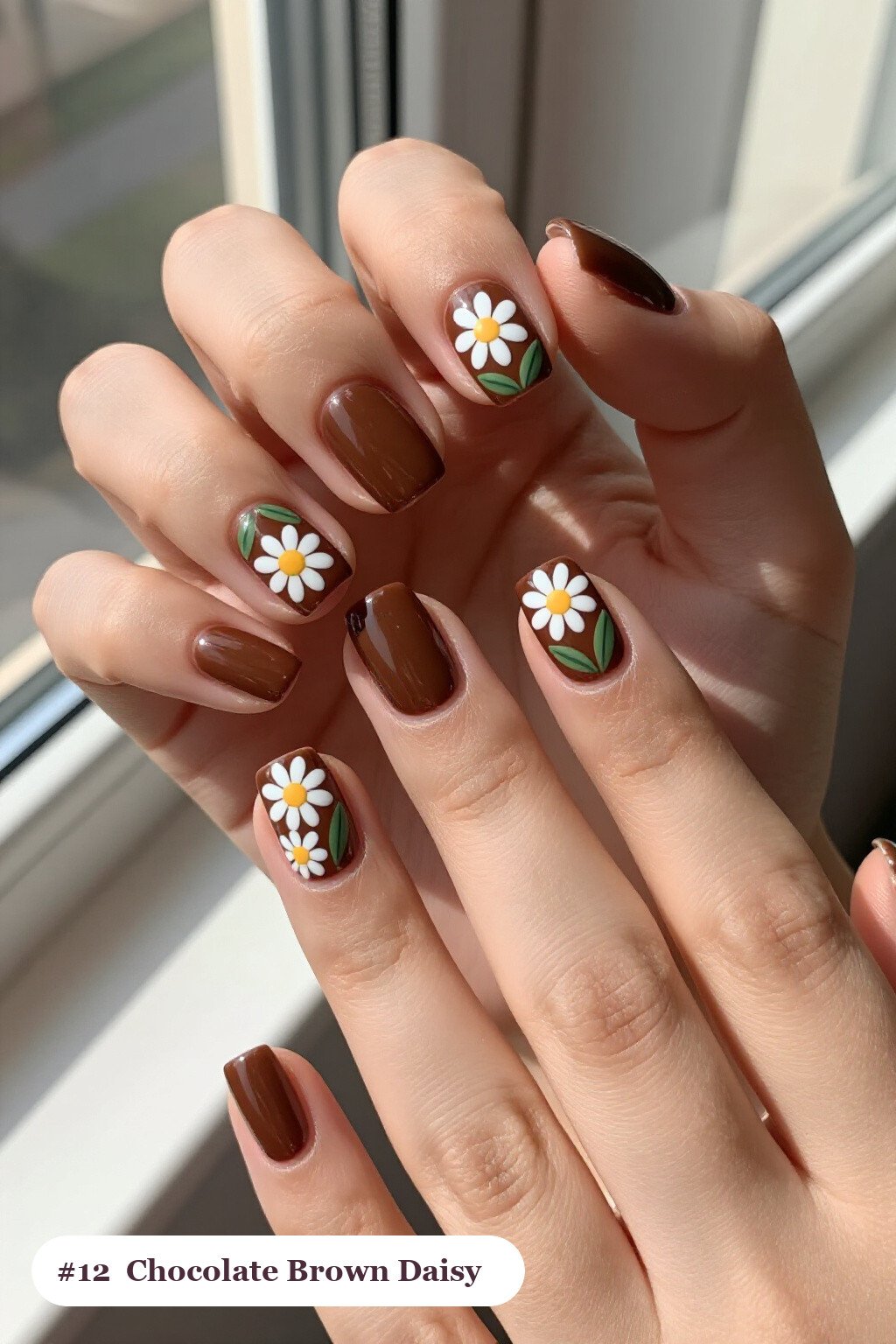 Chocolate Brown Square Nails Hand‑Painted with Daisies and Green Leaves - fall nails square