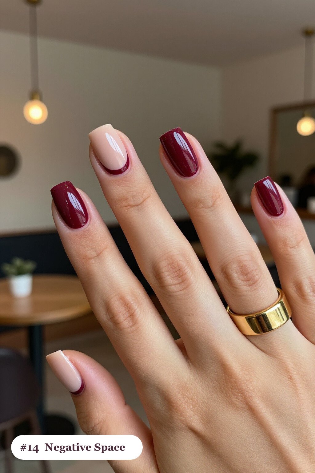 Medium Square Burgundy Negative‑Space Nails: On Short Nails - fall nails square