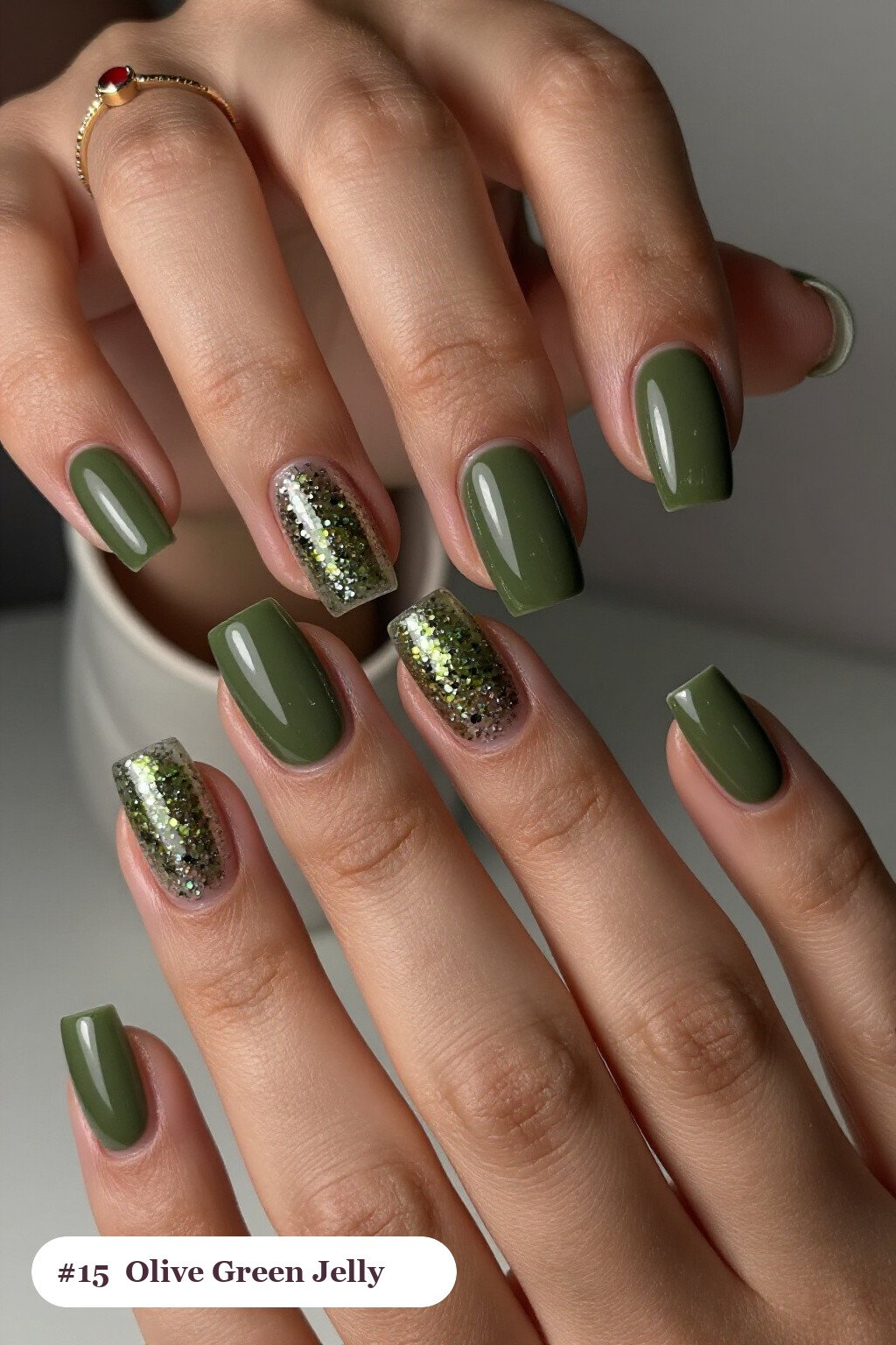 Olive Green Square Nails in See‑Through Jelly Finish with Glitter - fall nails square