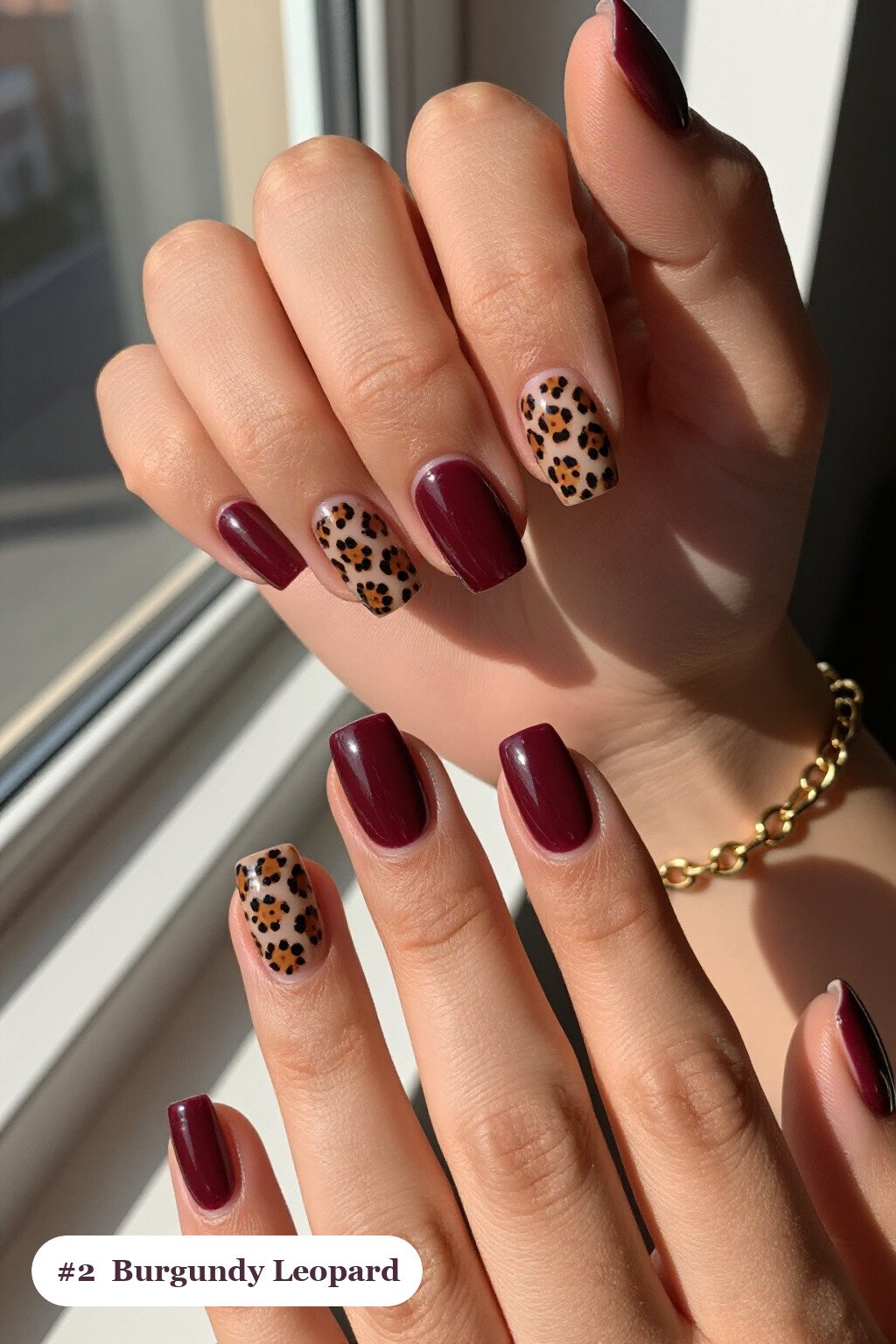 Burgundy Square Nails with Leopard Accents: Wild‑Print Sophistication - fall nails square
