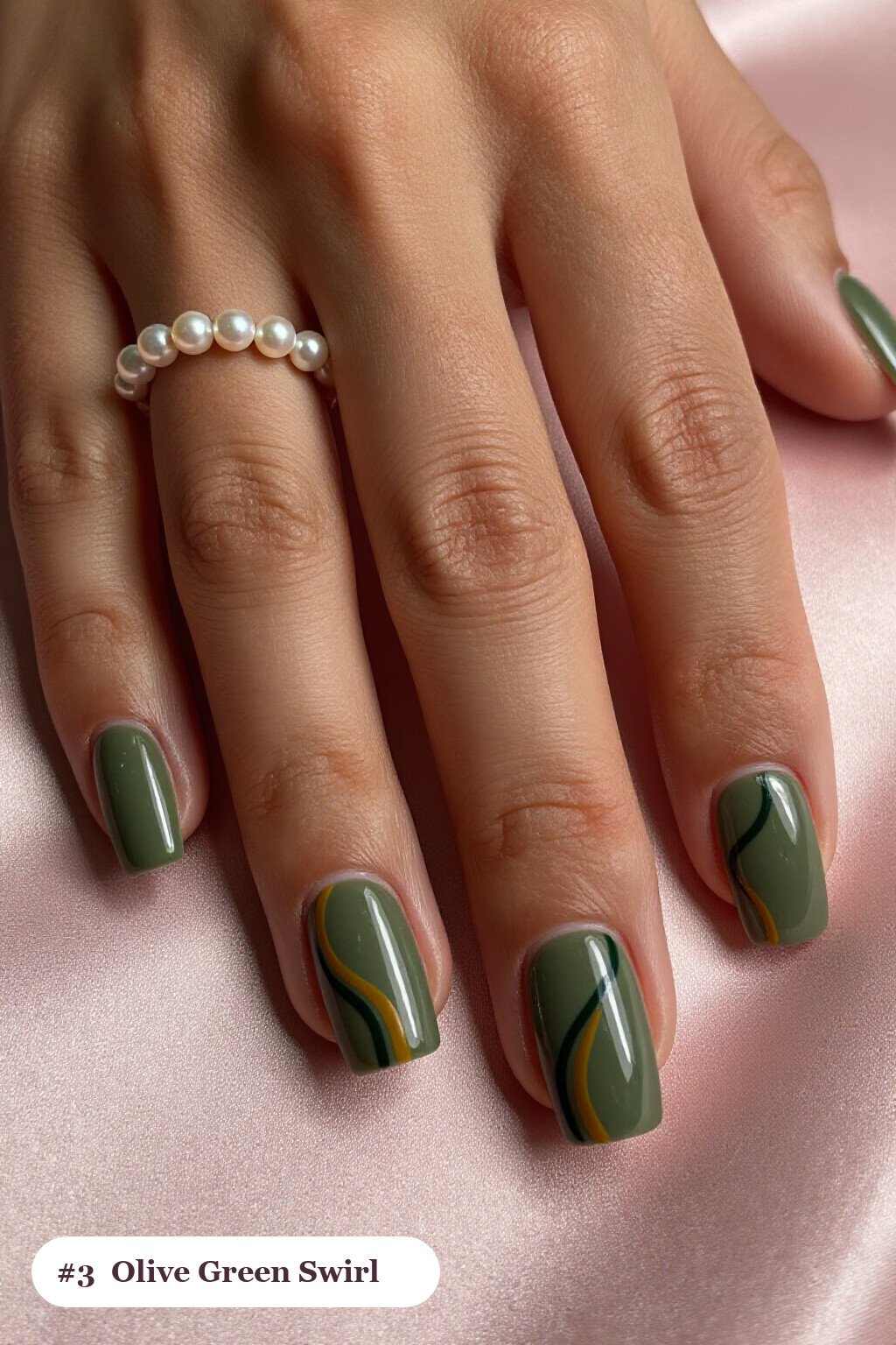 Olive Green Square Nails Swirled with Contrasting Hand‑Painted Lines - fall nails square