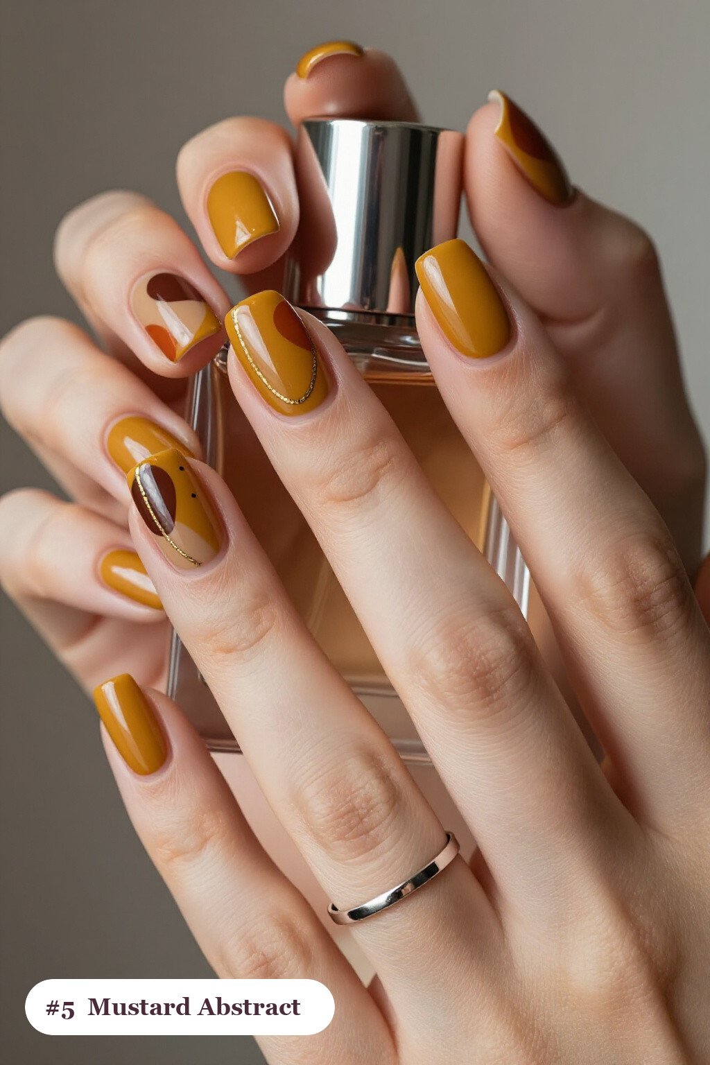 Mustard Square Nails Dressed in Abstract Colour Blobs, Gold Outlines - fall nails square