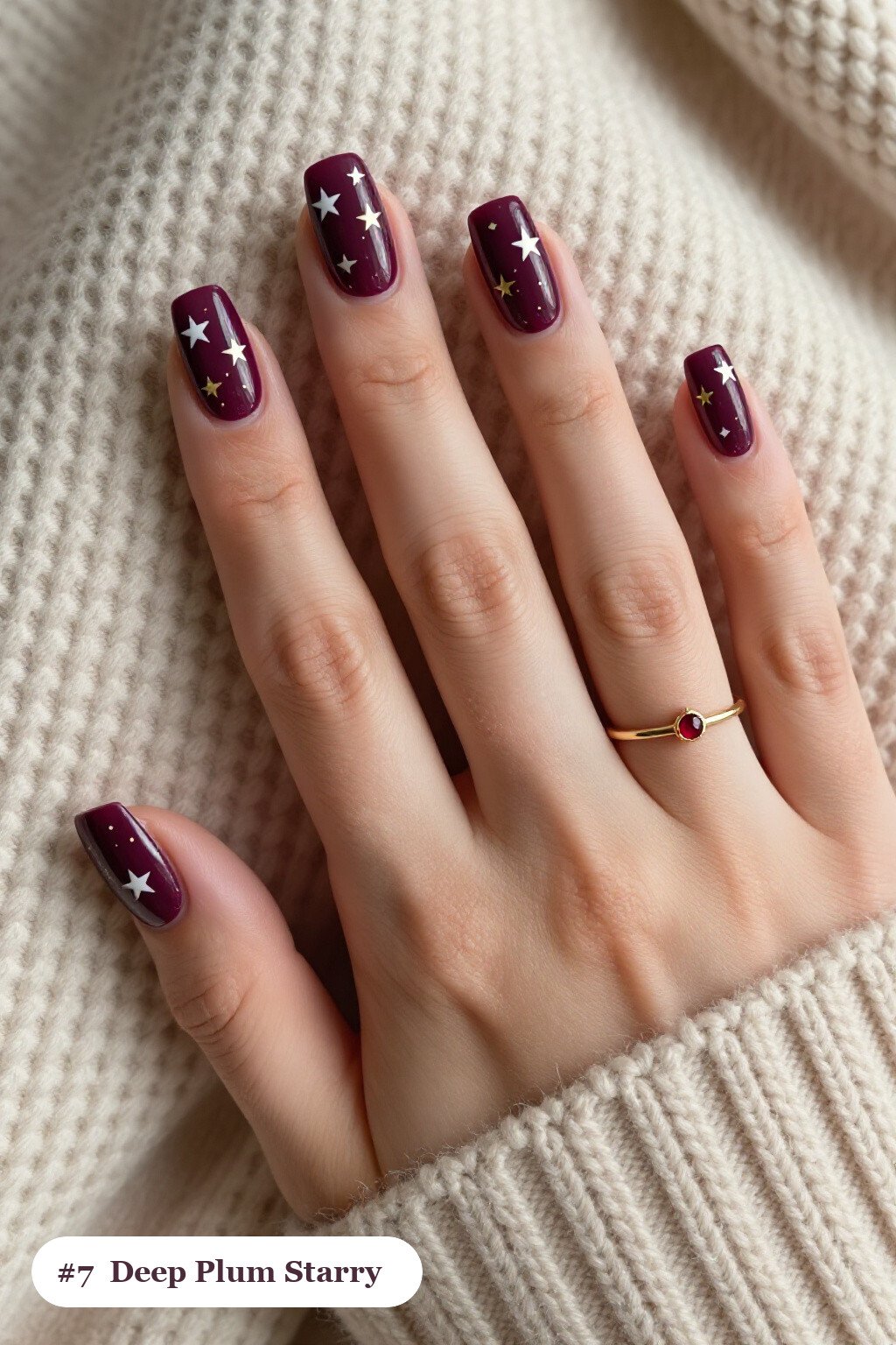 Deep Plum Square Nails Sparkling with White and Gold Stars - fall nails square