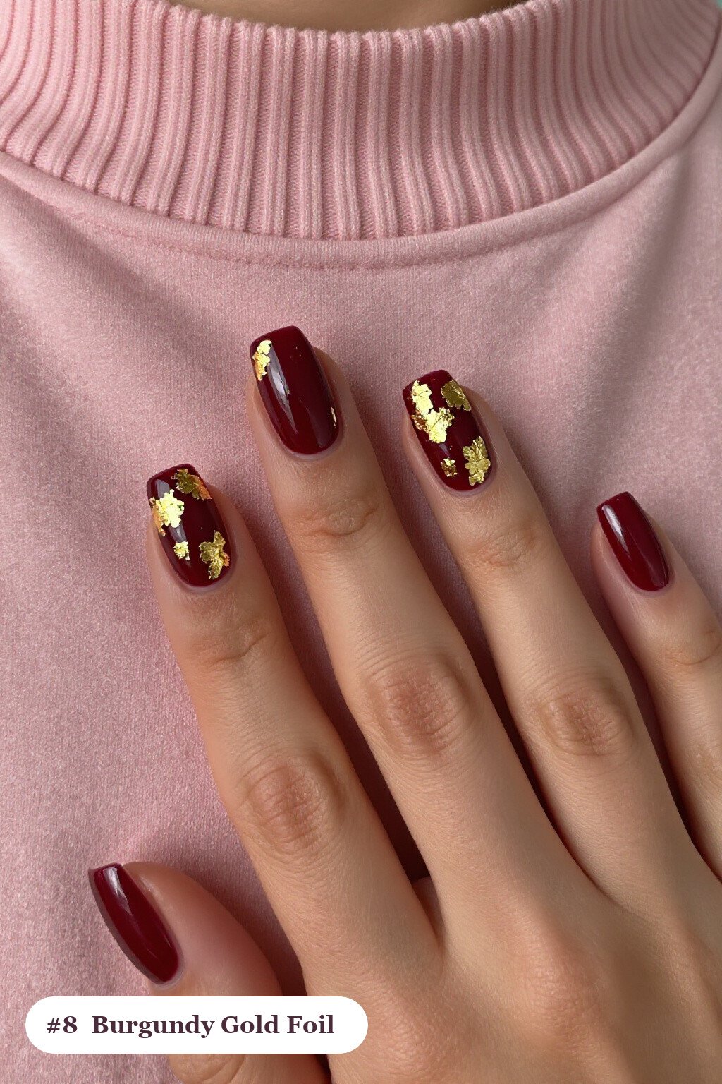 Burgundy Square Nails Covered in Dense Gold Foil Flakes - fall nails square