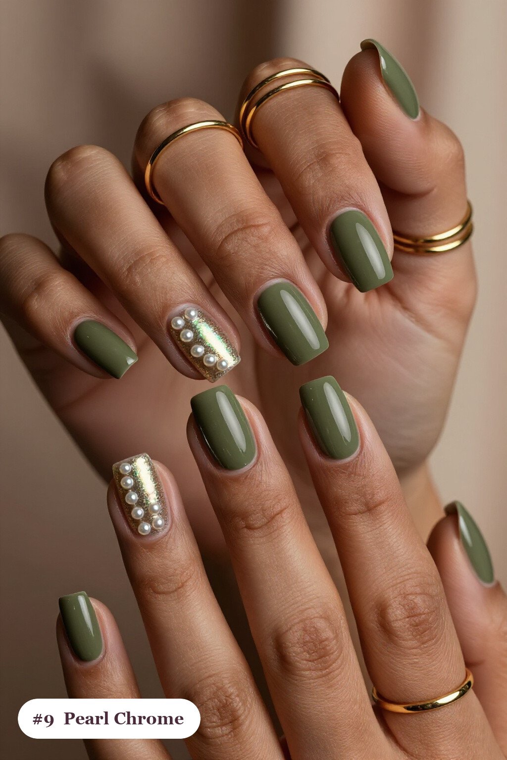 Olive Green Square Nails with Iridescent Glazed Pearl Chrome - fall nails square