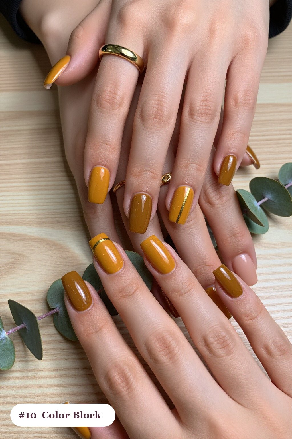Square Mustard Fall Pumpkin Nails with Diagonal Color‑Block and Gold Trim - fall pumpkin nails