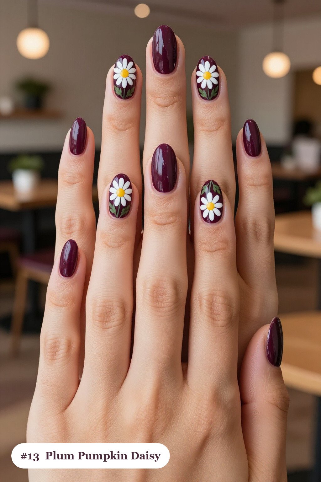 Oval Deep Plum Fall Pumpkin Nails Hand‑Painted with Daisies & Leaves - fall pumpkin nails