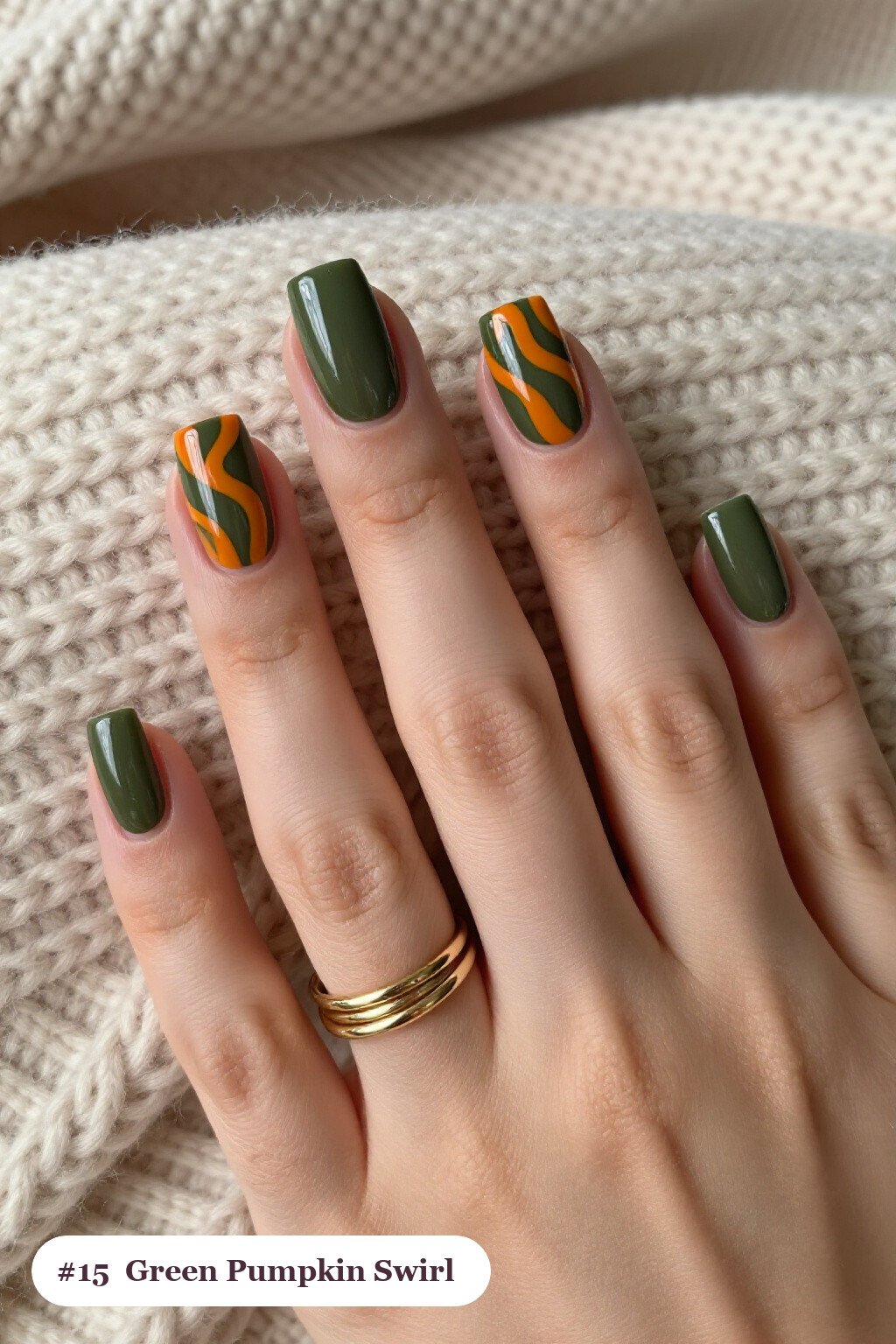 Square Olive Green Fall Pumpkin Nails with Bold Swirl Lines - fall pumpkin nails