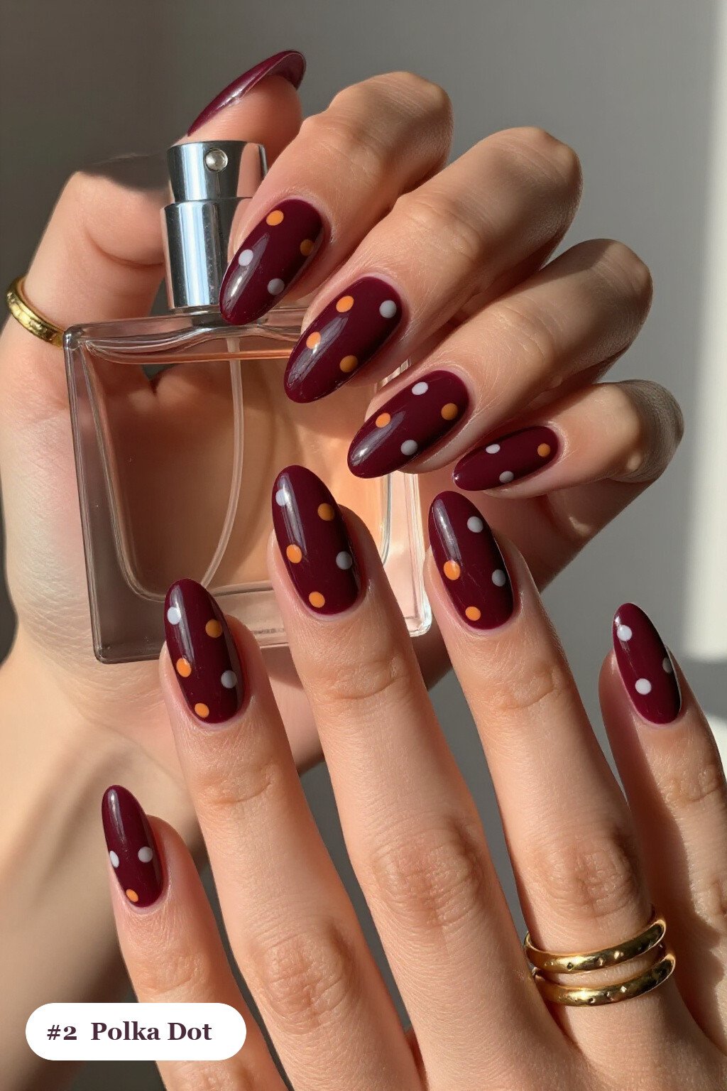 Ballerina‑Length Burgundy Fall Pumpkin Nails with Playful Polka Dots - fall pumpkin nails