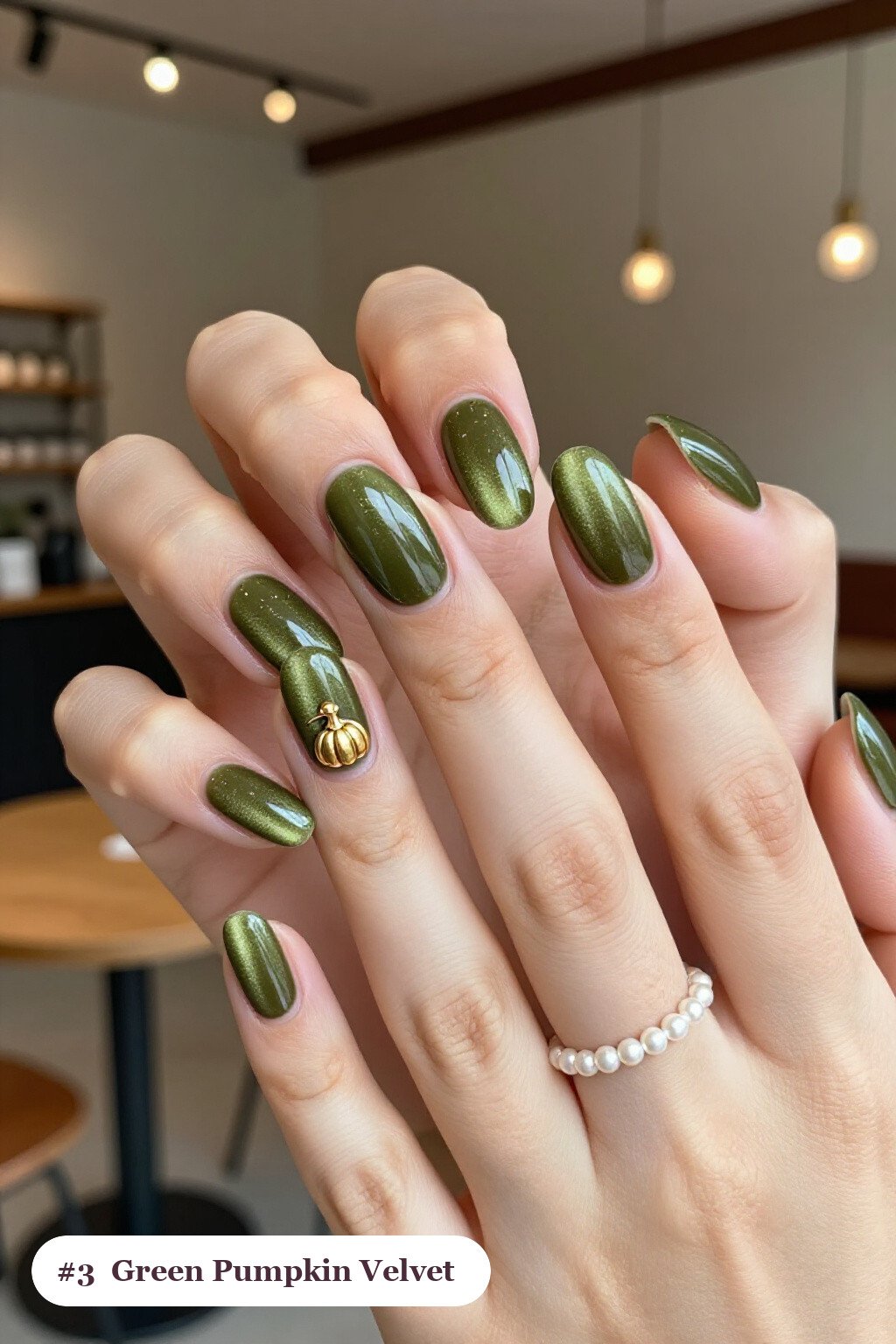 Olive Green Oval Fall Pumpkin Nails with Velvet Shimmer & Gold Charm - fall pumpkin nails