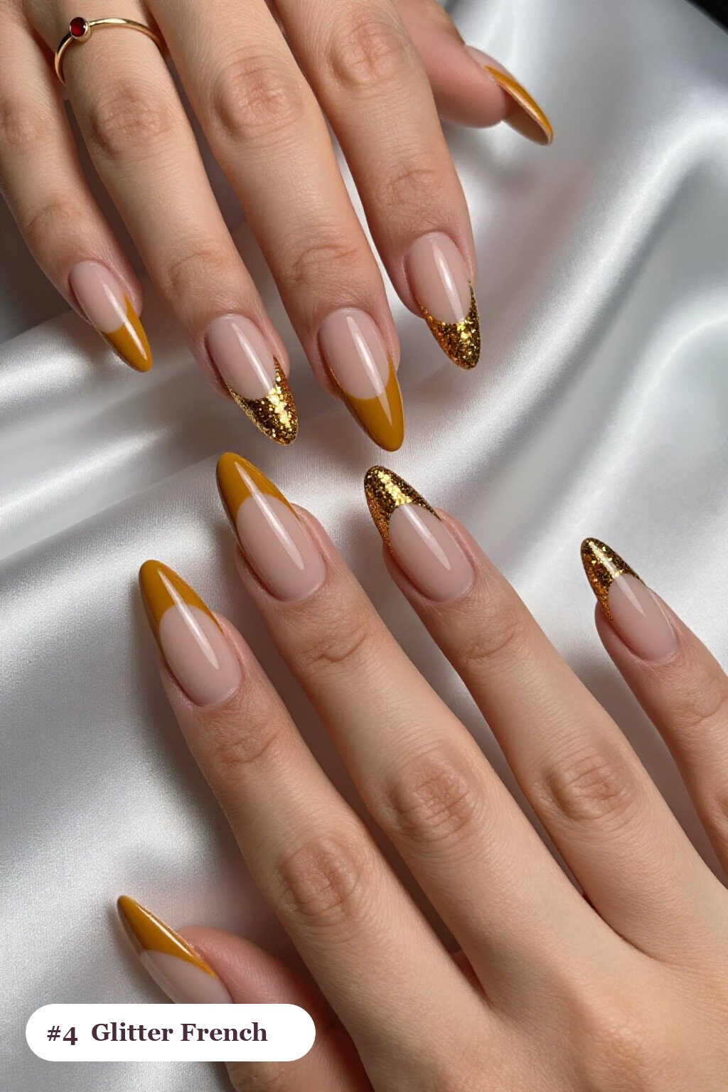 Stiletto‑Length Mustard Fall Pumpkin Nails with Glitter French Tips - fall pumpkin nails