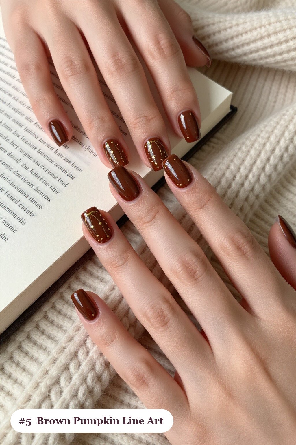 Square Chocolate Brown Fall Pumpkin Nails with Fine Gold Line Art - fall pumpkin nails