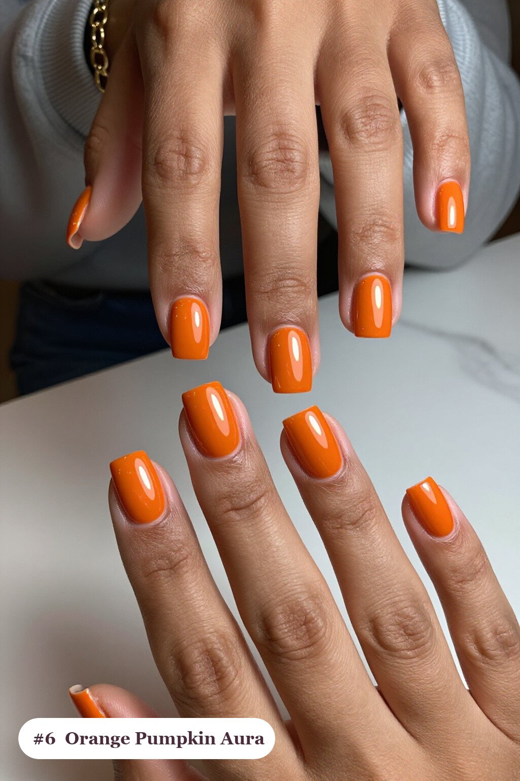 Short Square Burnt Orange Fall Pumpkin Nails with Airbrushed Aura: On Short Nails - fall pumpkin nails
