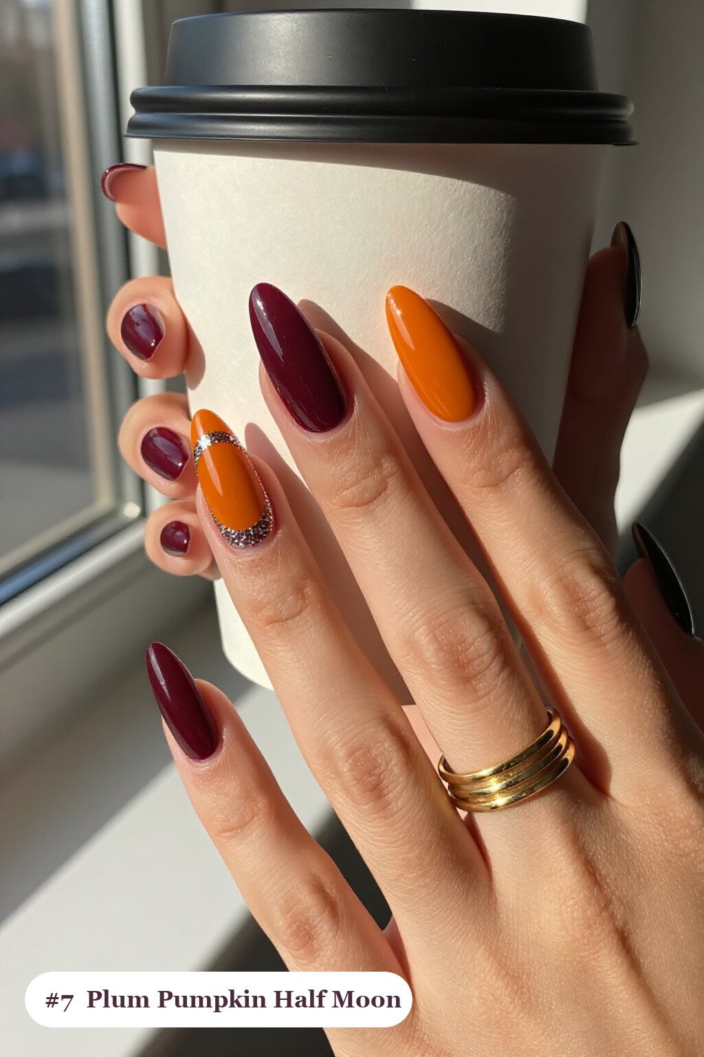 Almond Deep Plum Fall Pumpkin Nails with Half‑Moon Glitter Crescent - fall pumpkin nails
