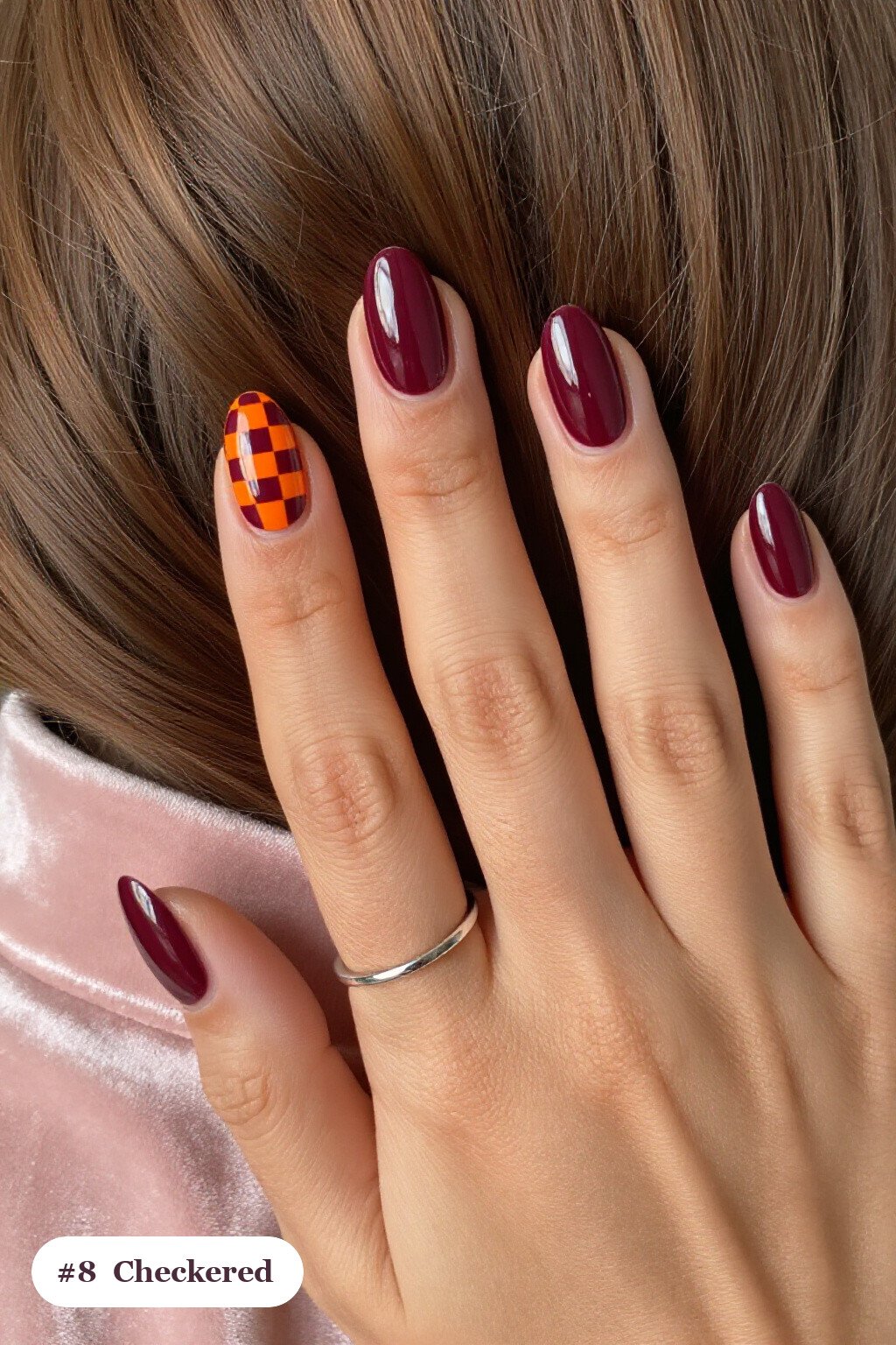 Medium Coffin Burgundy Fall Pumpkin Nails with Checkerboard Accents: Best Shades for Every Season - fall pumpkin nails