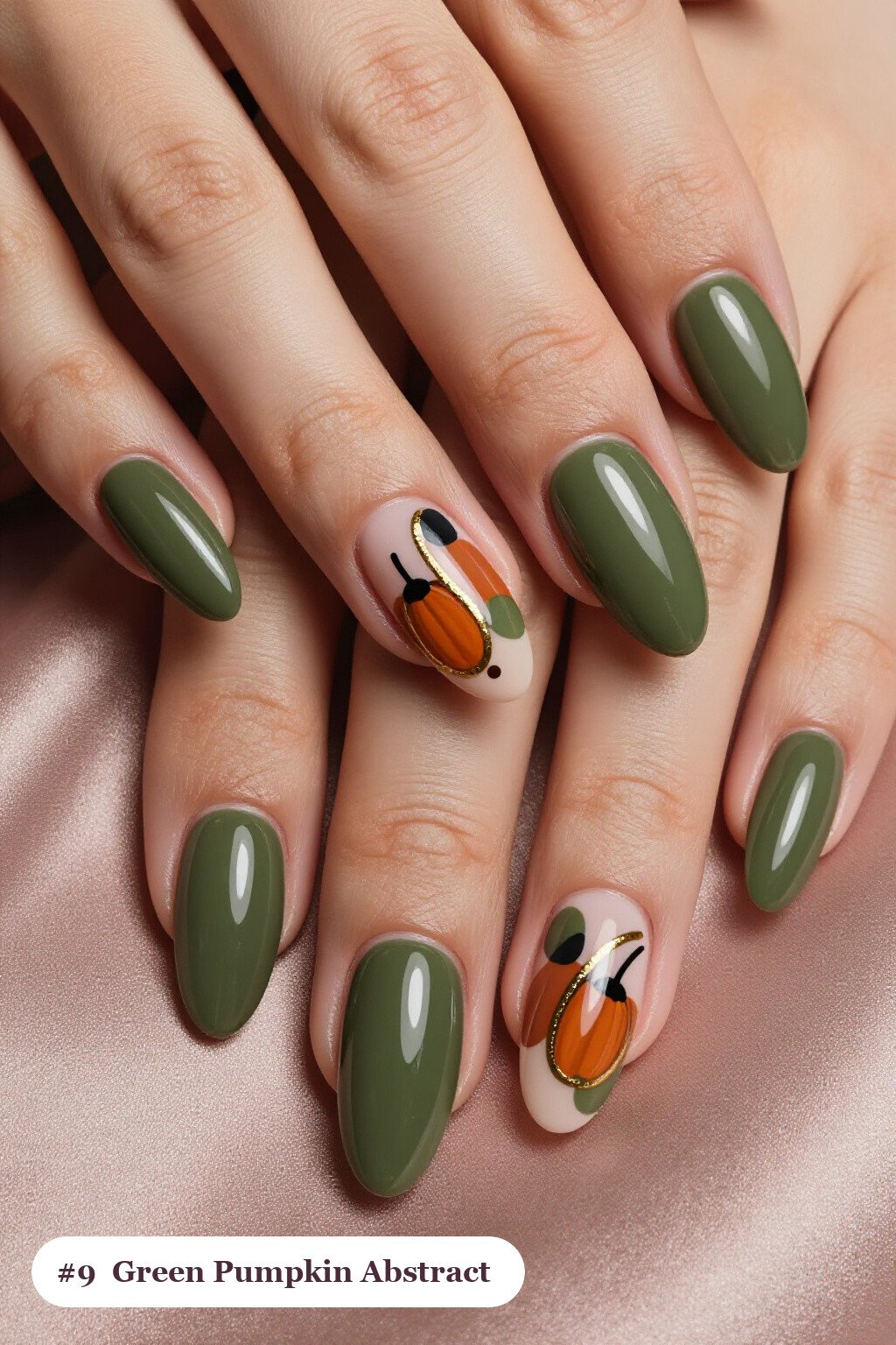 Long Coffin Olive Green Fall Pumpkin Nails with Abstract Color Blobs - fall pumpkin nails