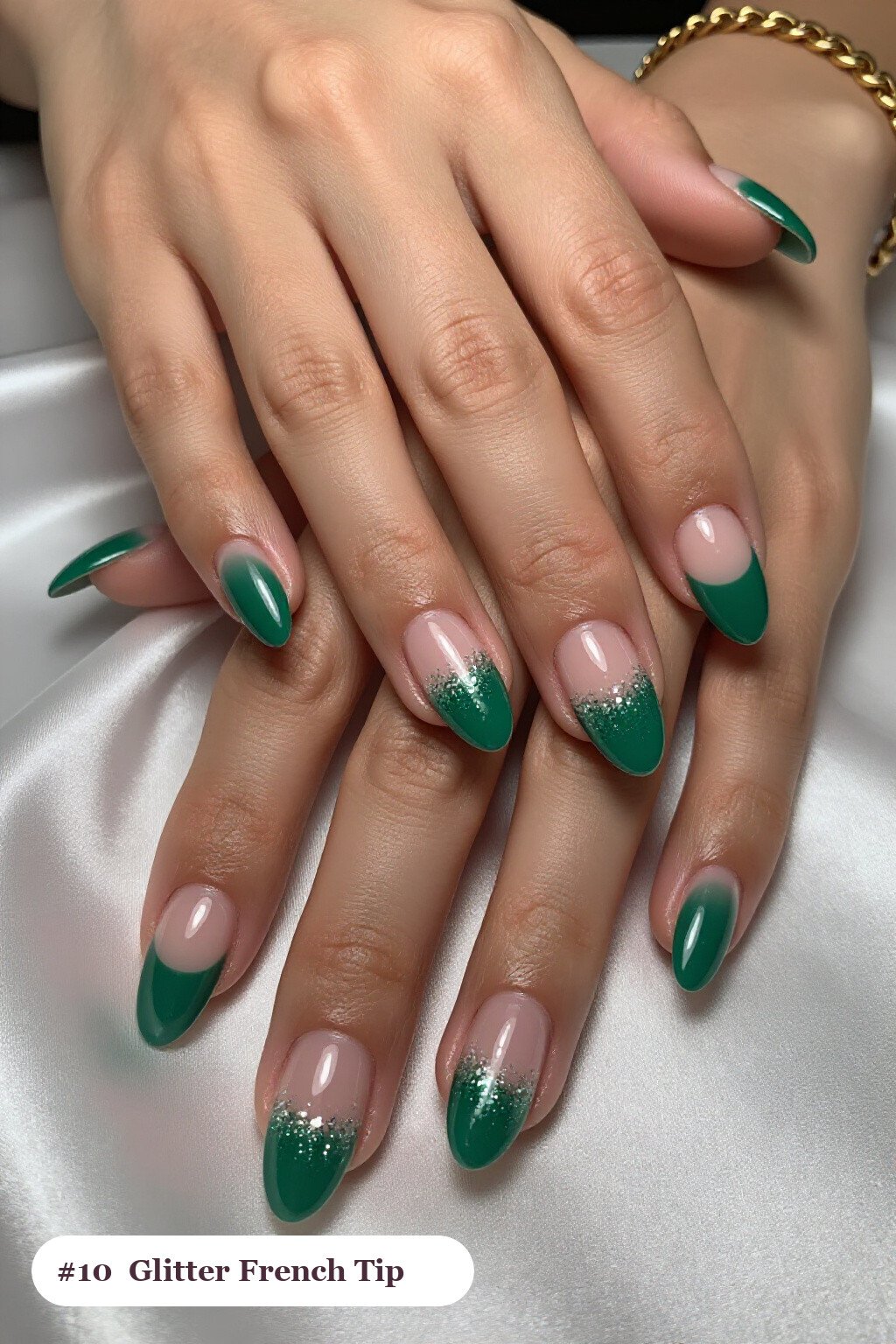 Emerald Green French Tip Almond Nails with Glitter Gradient from Cuticle - french tip almond nails with design
