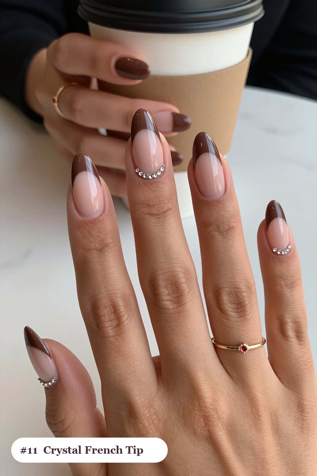 Chocolate Brown French Tip Almond Nails with Crystal Rhinestones: Best Shades for Every Season - french tip almond nails with design