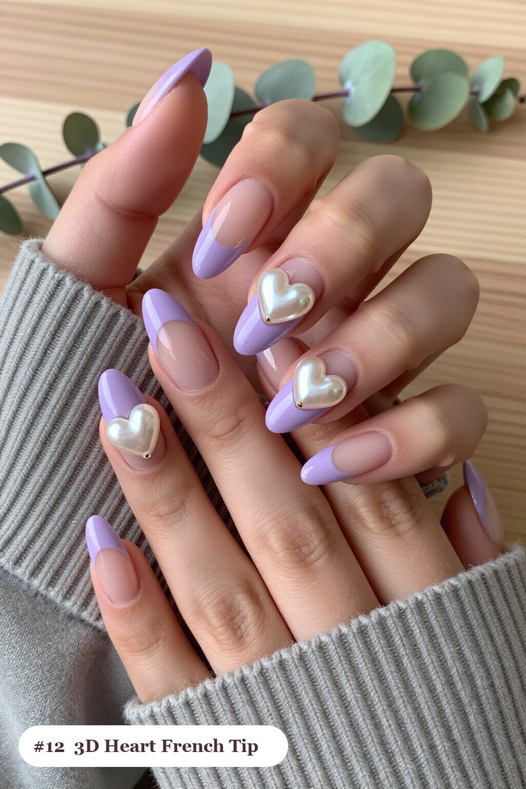 Lavender French Tip Almond Nails with Chunky 3D Gel Hearts & Pearls - french tip almond nails with design
